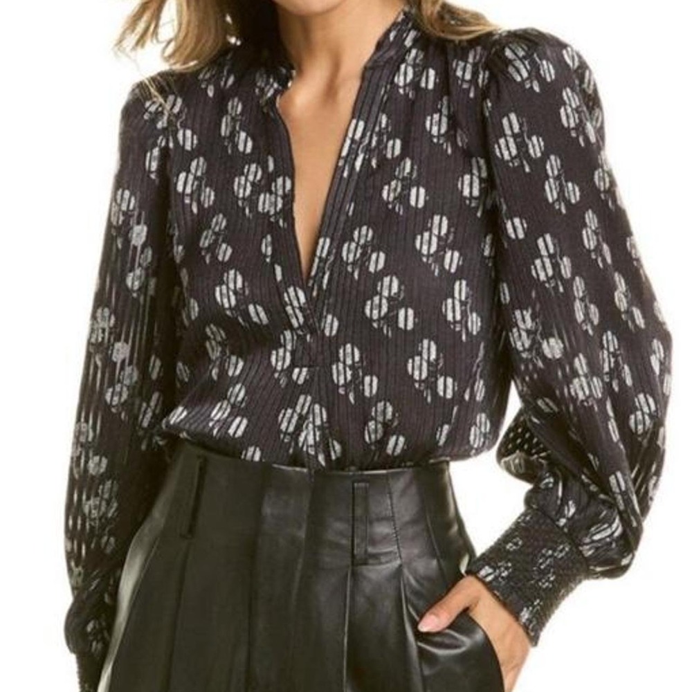 Alice + Olivia Julius Metallic Floral Office Blouse M Puff Sleeve Dark Romantic